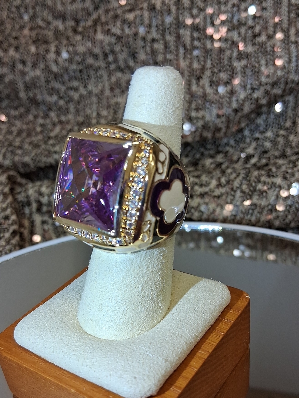 Brass Base and Enamel Ring with Square Faceted Purple Crystal